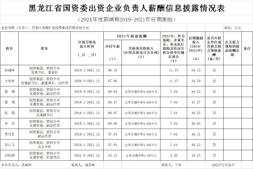 龍煤集團負責人薪酬信息披露情況表（2021年度薪酬和2019-2021年任期激勵)